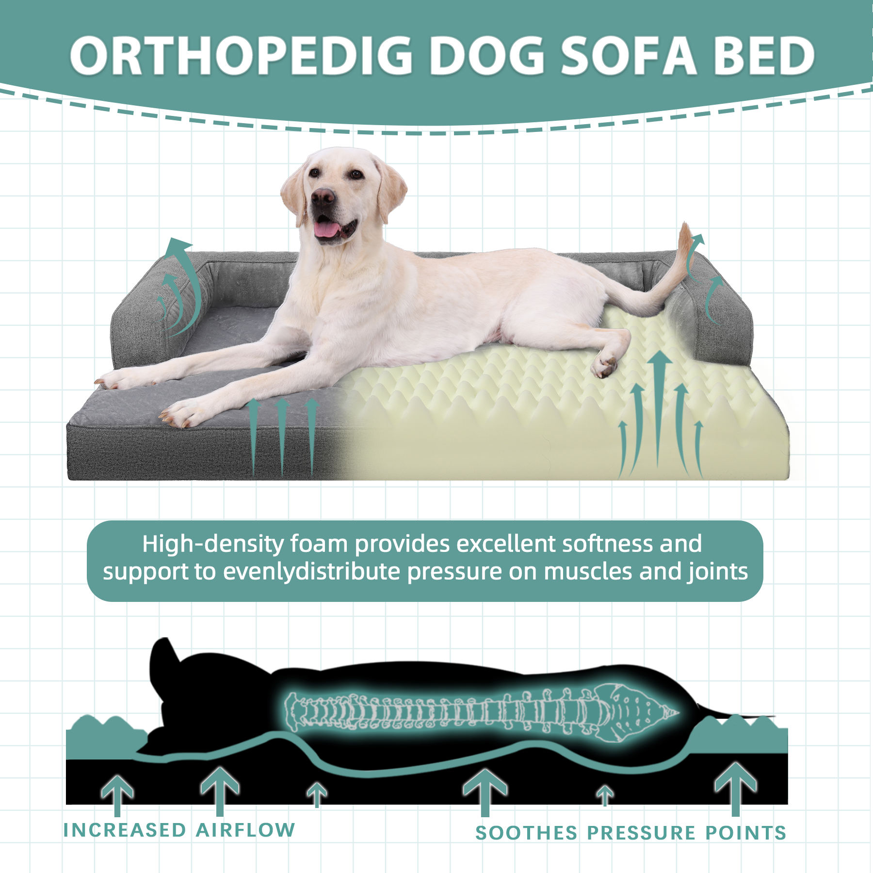 KSIIA Washable Dog Bed for Large Dogs C-Shaped Bolster Pet Couch with Removable Waterproof Cover